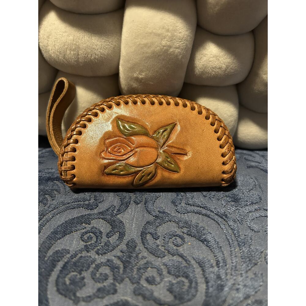 Handmade Tan Leather Lipstick Coin Purse with Rose Design